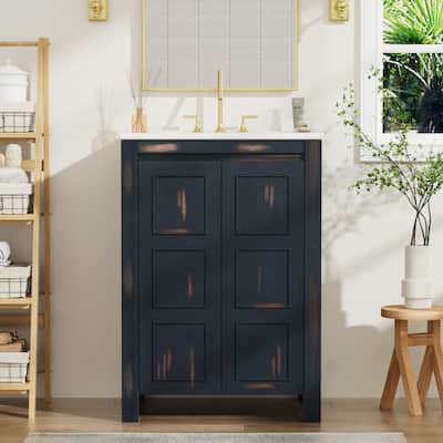 24"x18"x34" Vintage Style Small Bathroom Vanity Combo with Ceramic Sink, 2 Soft-close Doors
