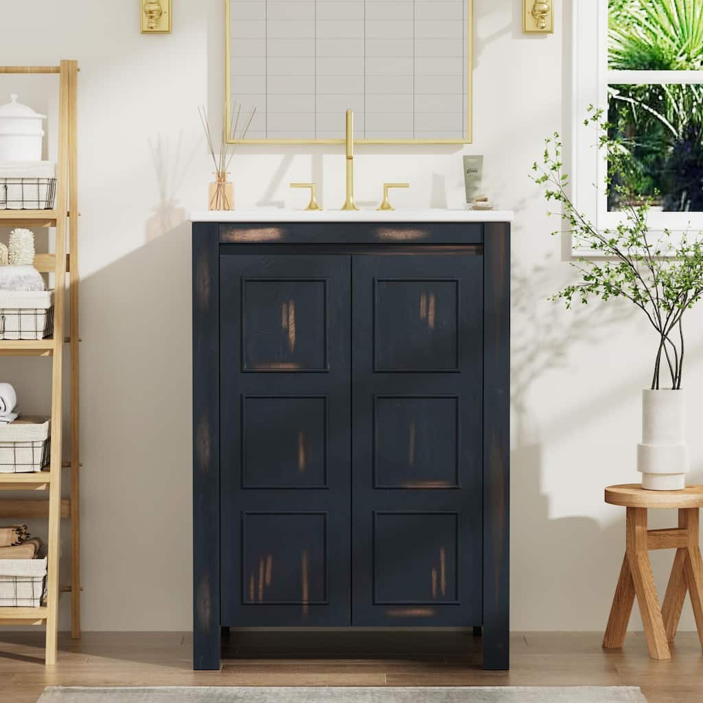24"x18"x34" Vintage Style Small Bathroom Vanity Combo with Ceramic Sink, 2 Soft-close Doors