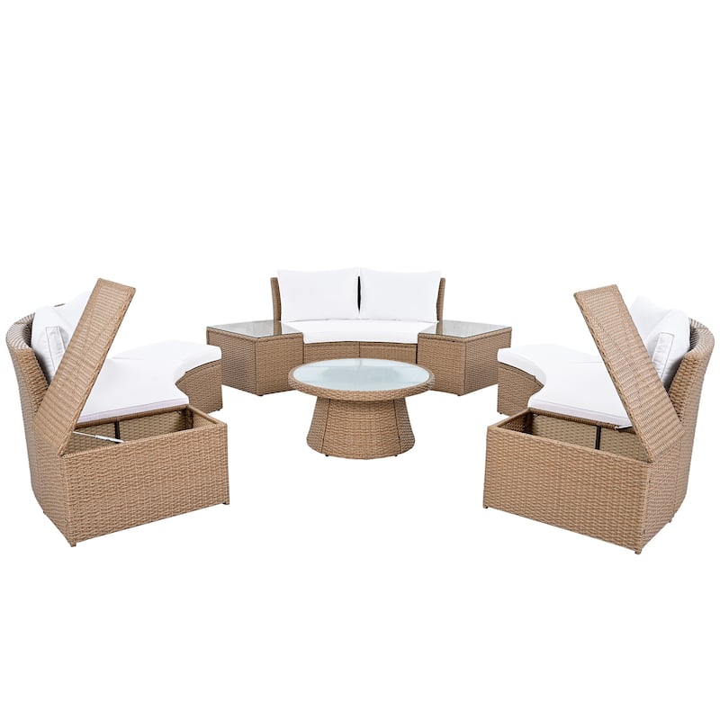 10-Piece Outdoor Half Round Rattan Sofa Set, PE Rattan Conversation Furniture Set with Storage Ottomans and Back Cushions