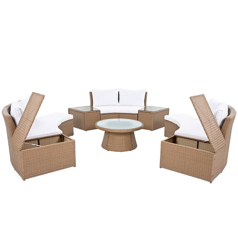 10-Piece Patio Sectional Curved Outdoor Rattan Sofa Set with Cushions, Storage Boxes, Ottomans, Tables and Glass Top