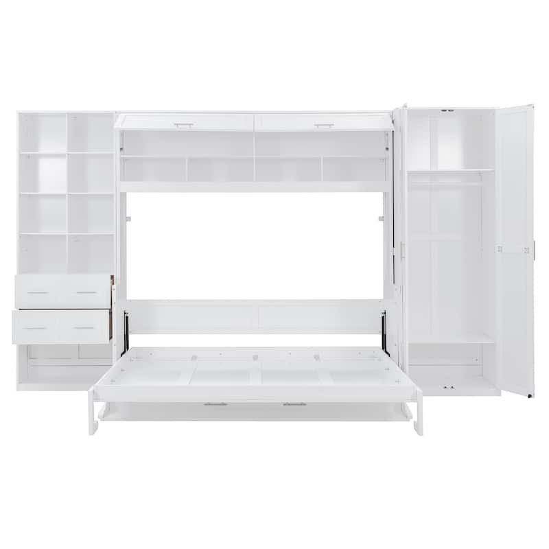 Full/Queen Murphy Bed with Built-In Closet & Drawers Foldable Space-Saving Wall Bed Adjustable Shelves, Customizable Layout