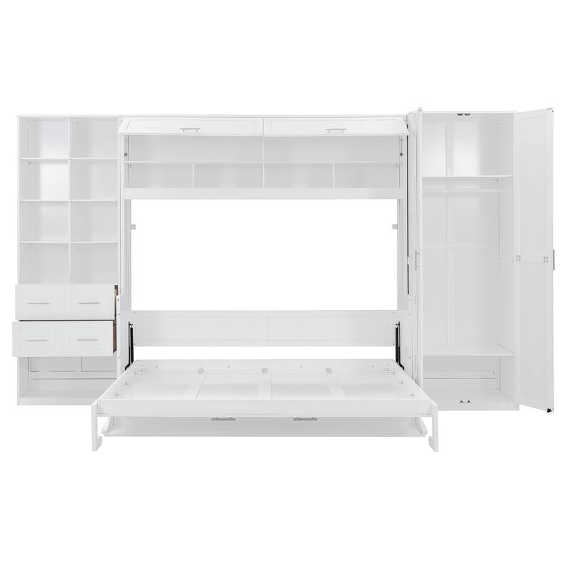 Queen Size Murphy Bed with Side Wardrobe & Flip Design, Foldable Wooden Wall Bed with Storage Drawers & Shelf for Home Office