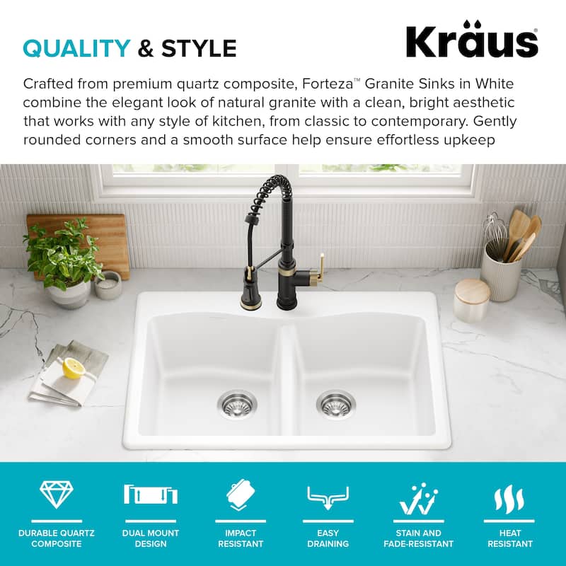 KRAUS Forteza Granite 33 inch 50/50 Undermount Drop-in Kitchen Sink