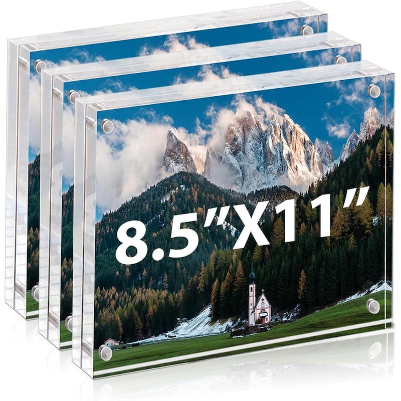 BP4U Acrylic Picture Frames, 3-Pack Tabletop Magnetic Freestanding Photo Frames for Hoem/Office Desktop Display - 8.5"x11"