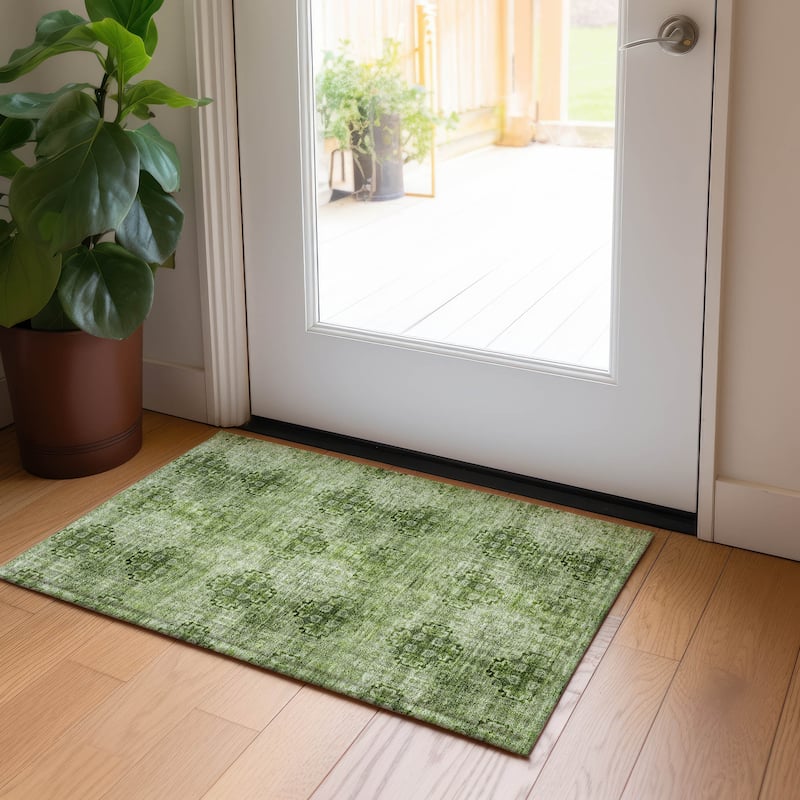 Machine Washable Indoor/ Outdoor Vintage Medallions Chantille Rug - Olive - 1'8" x 2'6"