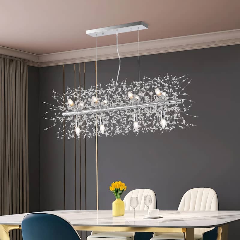 12-Light Kitchen Island Linear Pendant with Crystal Accents, Luxury Chic Style - Chrome