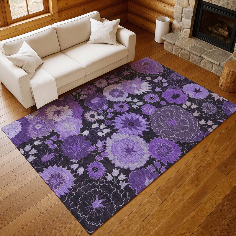 Machine Washable Indoor/ Outdoor Modern Floral Chantille Rug