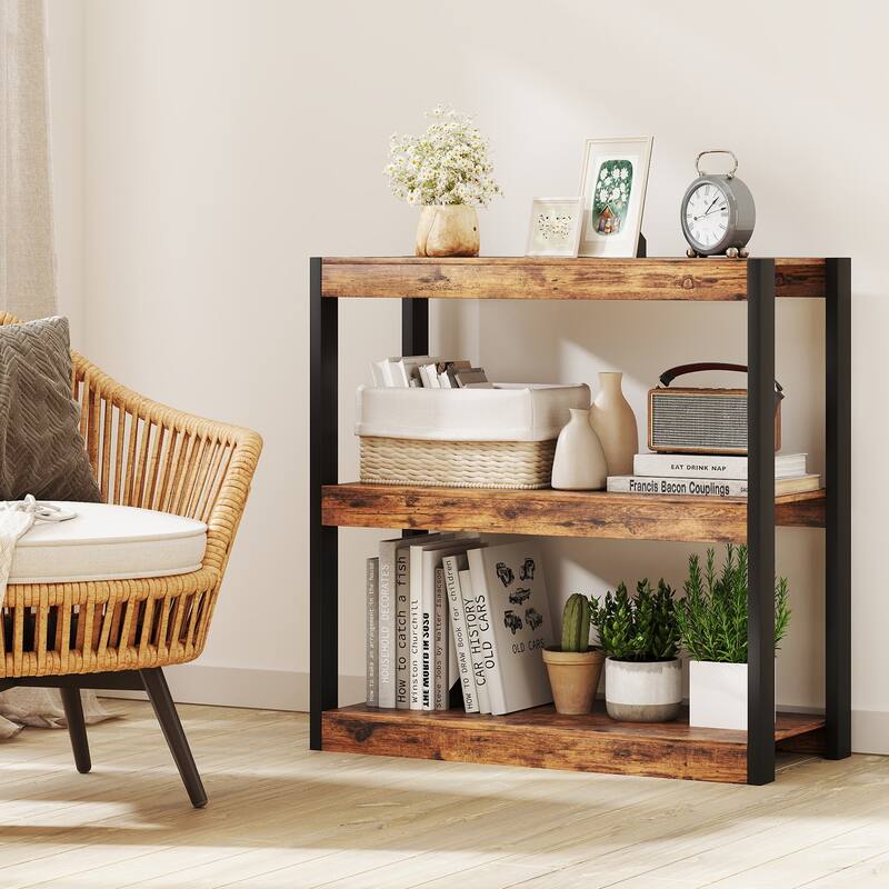 Gymax 3 Tier Bookshelf Wooden Bookcase w/ Dual Anti-Tipping Kits Open