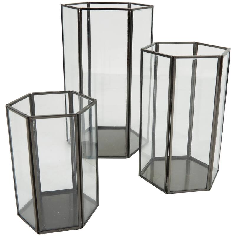 CosmoLiving by Cosmopolitan Clear Metal Hexagon Shaped Geometric Indoor Outdoor Candle Lantern with Clear Glass (Set of 3)