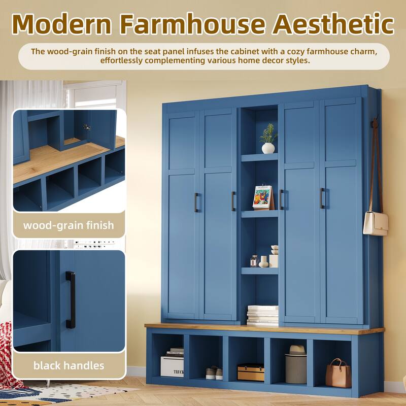 Farmhouse Hall Tree with Bench & 6 Hooks, 62.9"W Shoe Storage, Entryway Organizer for Mudroom, Living Room