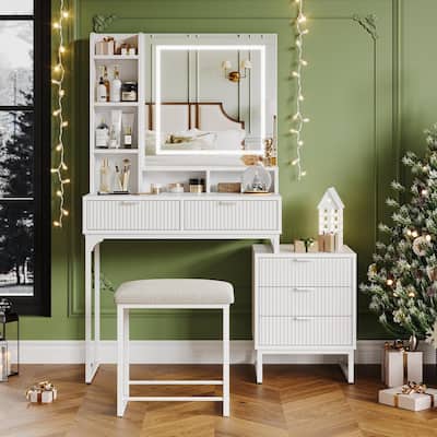 Makeup Vanity Desk with Mirror and Lights, Vanity Table with 5 Drawers, Vanity Set with Stool