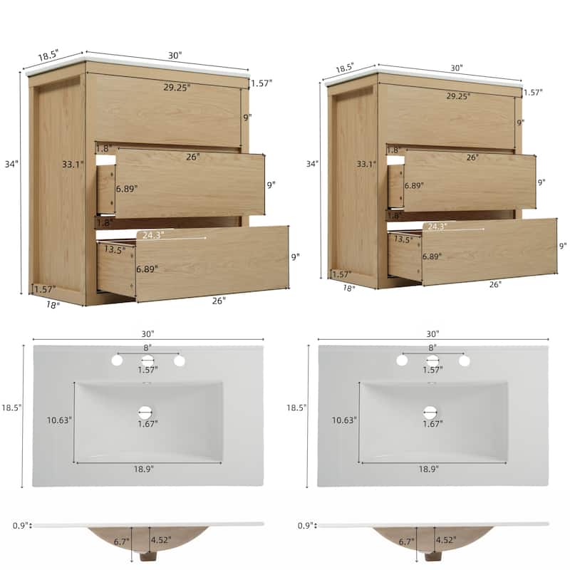 60" Double Sink Bathroom Vanity Set with Two 30" Cabinets, Ceramic Sinks, Soft Close Drawers