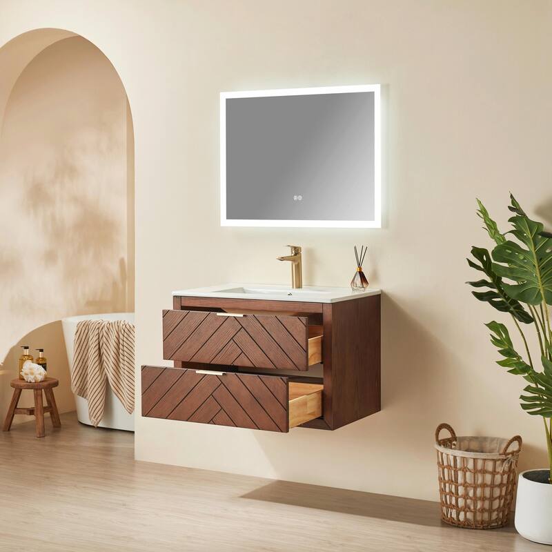 30-inch Wall-Mounted Floating Single Vanity with Ceramic Sink