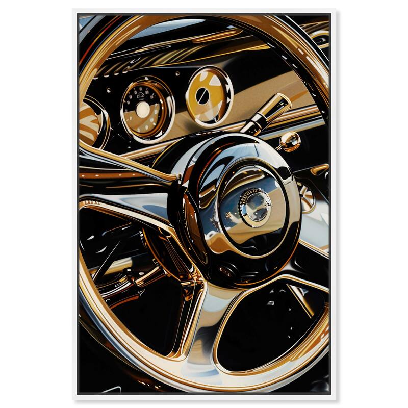 Notoriart Elegant Steering Wheel Framed Car 1 Piece Canvas Wall Art - 31 x 46 - White