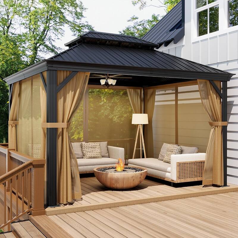 COSIEST 10'x12'Hardtop Gazebo with Netting and Curtains