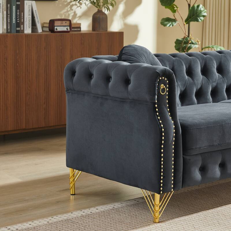 Chesterfield Sofa with Two Round Pillows, Featuring Copper Stud Detailing and Tufted Button Accents
