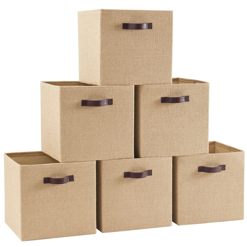 6 Pack Jute Fabric Storage Cube Bin with Faux Leather Handles
