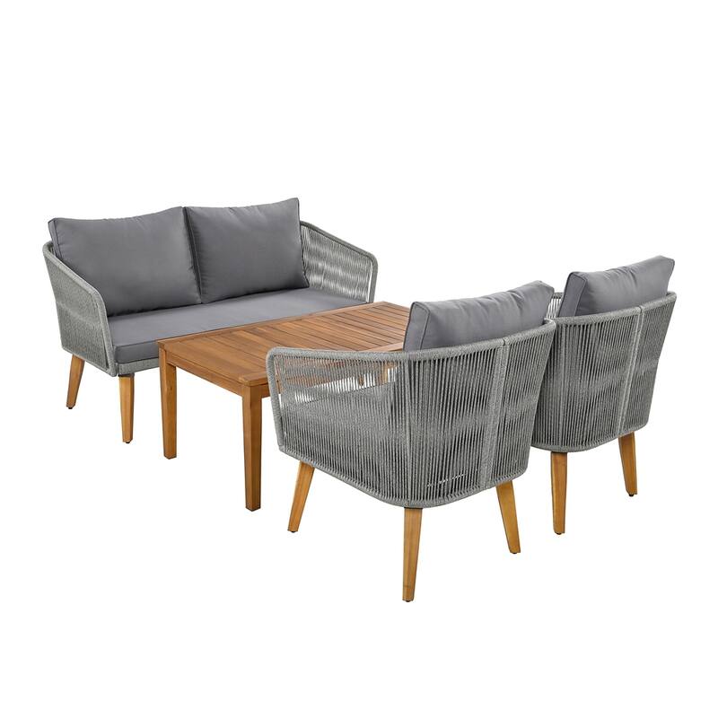 4-Piece Patio Conversation Set with Cushions and Solid Wood Loveseat