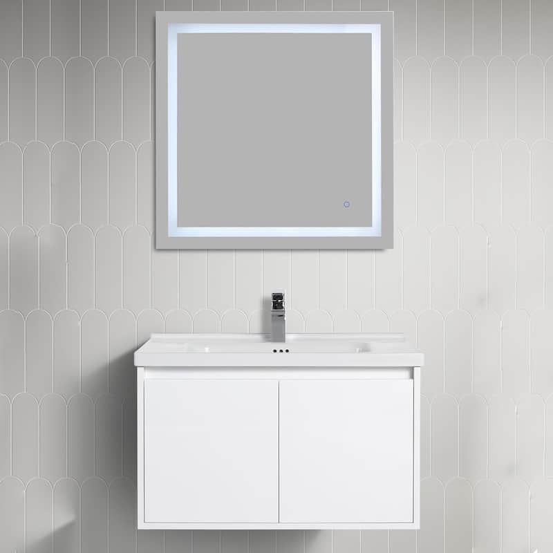 Blossom 32" Floating Bathroom Vanity with Ceramic Sink & Storage - Glossy - Glossy White