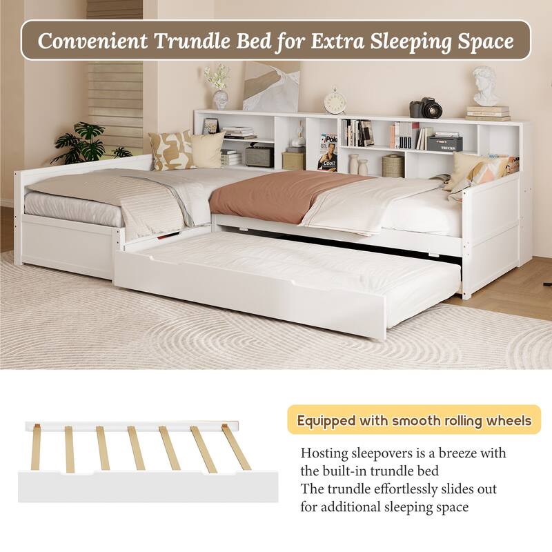 3-in-1 Bookcase Daybed L-shape Corner Daybed Twin Size Captains Bed Wooden Bed Frame with Under-bed Trundle and Drawer - White - Twin