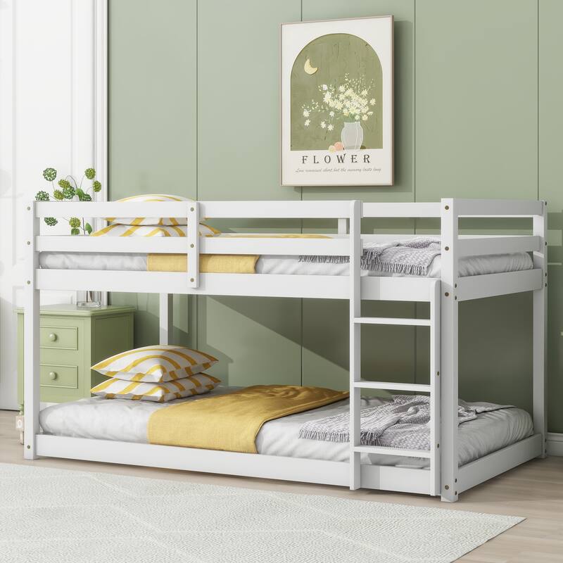 Roomfitters Solid Rubber Wood Twin over Twin Floor Bunk Bed with Ladder, Reinforced Slat Platforms, Low Height Design