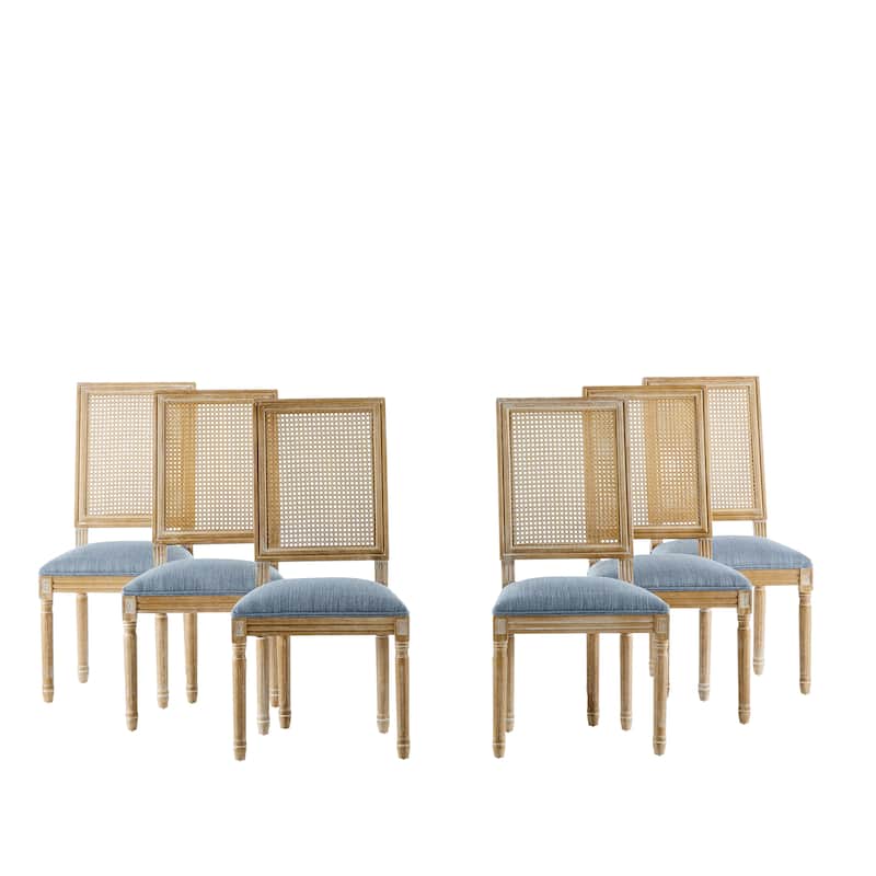 [Set of 6] French Country Dining Chairs-0Elegant Cane Backrest & Upholstered Seats with Fluted Legs- Solid Rubberwood Frame