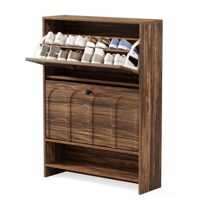Industrial Shoe Cabinet with 2 Flip Drawers and Storage Shelf for Entryway