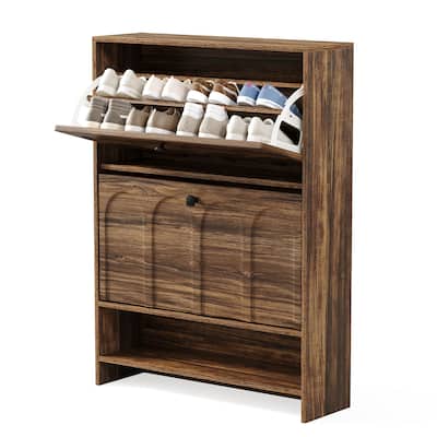 Industrial Shoe Cabinet with 2 Flip Drawers and Storage Shelf for Entryway