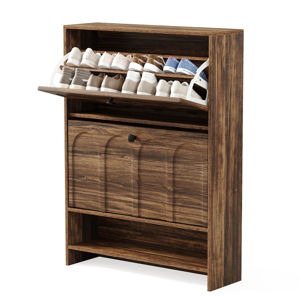 Industrial Shoe Cabinet with 2 Flip Drawers and Storage Shelf for Entryway