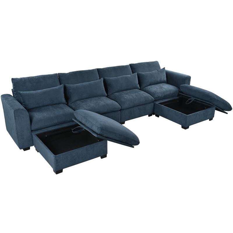 Modern U-shaped Modular Linen Blend Sectional Sofa with 2 Storage Ottomans and 4 lumbar pillows