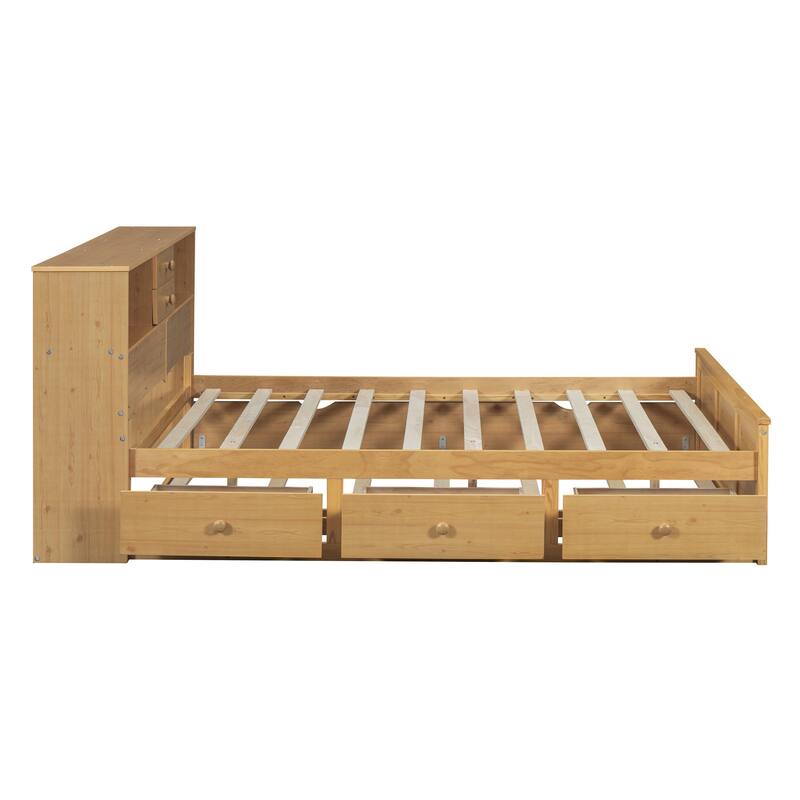 HomeRoots Natural Wood Full Bed Frame With Trundle And Drawers