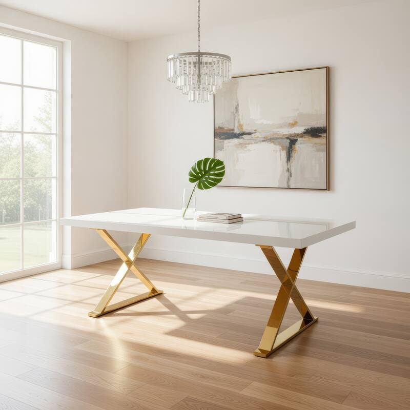 Rix 87 Inch Dining Table, Rectangular White Top, Gold Finished Metal Base