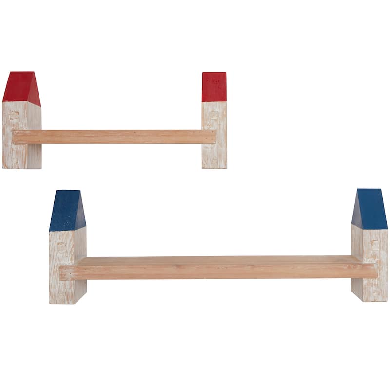 Multi Colored Wood Whitewashed Light House Wall Shelf with Red and Blue Accents (Set of 2) - 24", 16"W