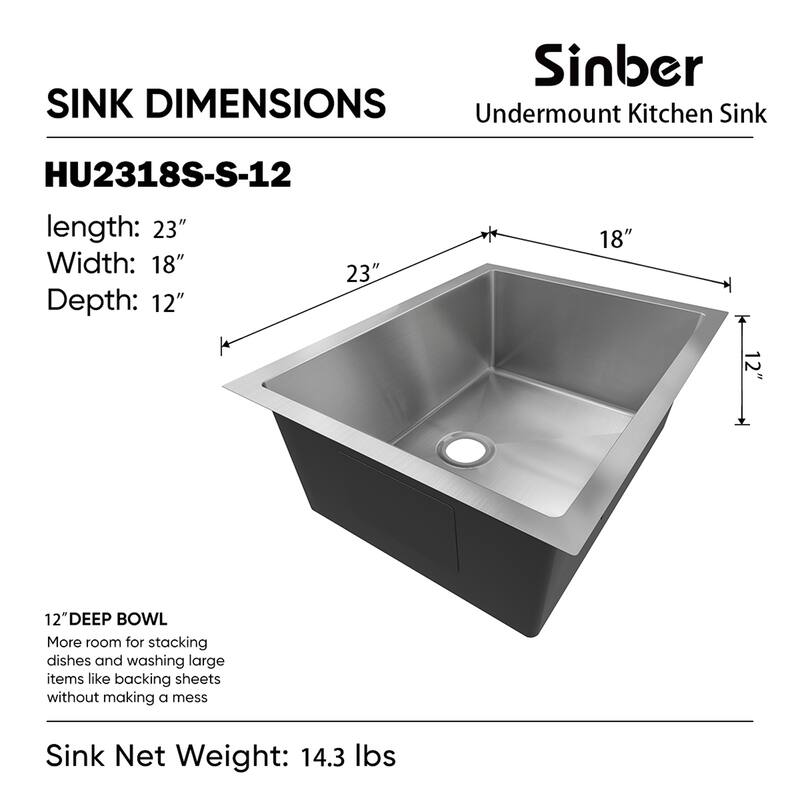 Sinber Undermount Single Bowl 304 Stainless Steel Kitchen Sink