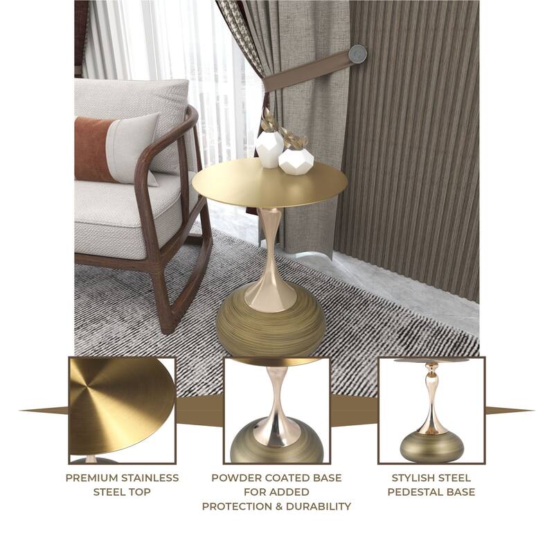 Savoy 18-Inch Round Side Table in Gold Stainless-Steel End Table with a Round Pedestal base