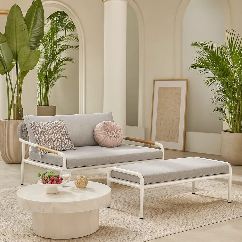 Shia 2 Piece Outdoor Daybed Set, Classic White Aluminum Frames, Ottoman