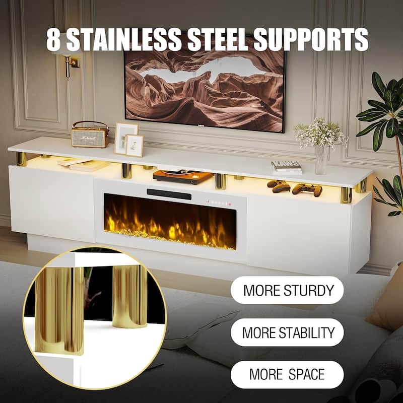 BOSSIN 80" TV Stand Entertainment Center with 36" Electric Fireplace, for TVs up to 90", High Gloss Cabinet with LED Light