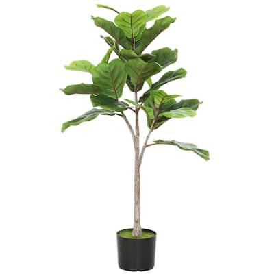 HOMCOM 43" Artificial Fiddle Leaf Fig Tree with 28 PEVA Leaves and Pot, Fake Plant with Flocked Soil for Home Office Living Room