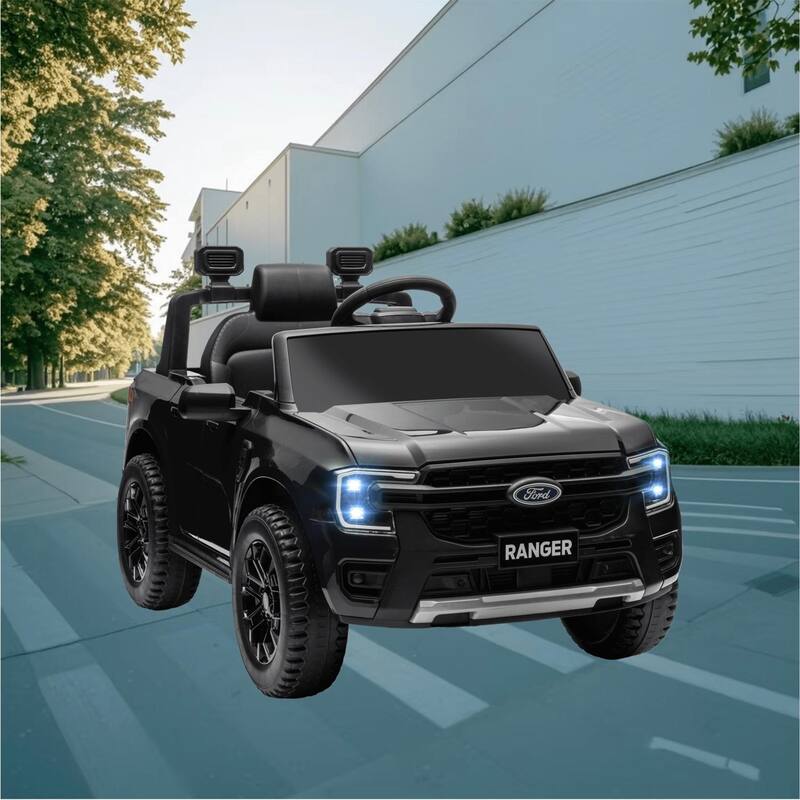 Licensed Ford Ranger 12V Kids Electric Ride On Truck with Remote Control, LED Headlights, Music Horn, and Storage Compartment - Black