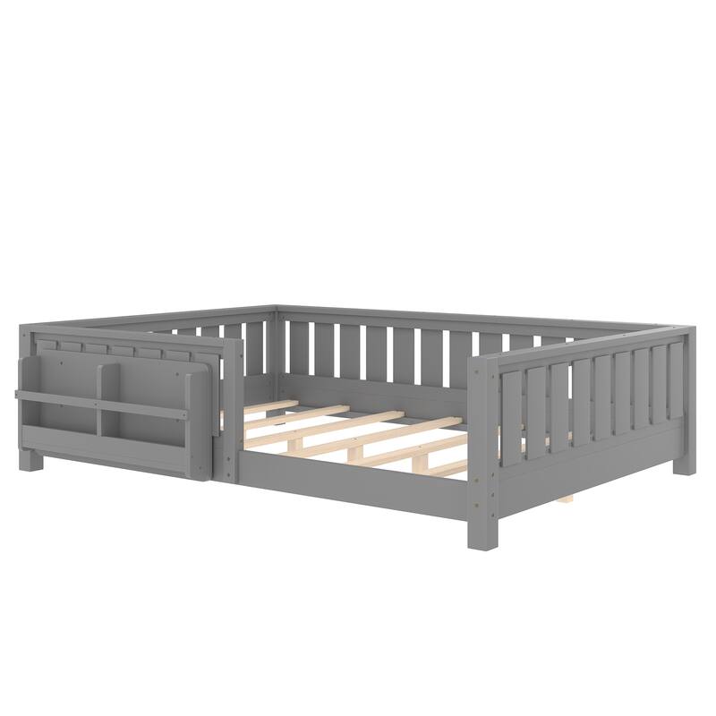 Montessori Floor Bed Low Profile Kids Bed with Rails & Bookshelf