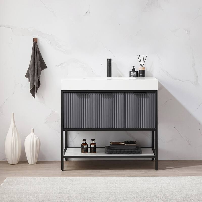 Marcilla 36 in. Single Sink Bath Vanity with Stone Sink Top - 36 in. - Grey-No Mirror