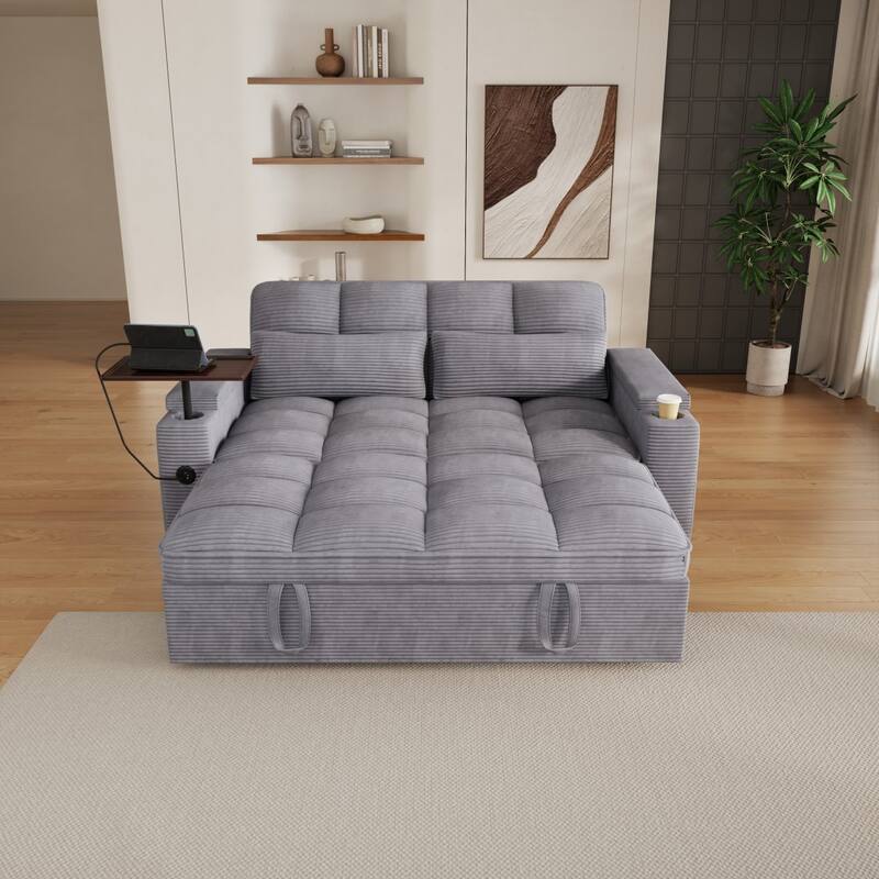 65'' Chenille 3-in-1 Folding Sectional Sofa with 360-Degree Swivel Side Table