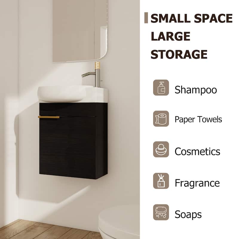 17 in.W Wall-Mounted Plywood Bathroom Vanity in Imitative Oak with Ceramic Sink
