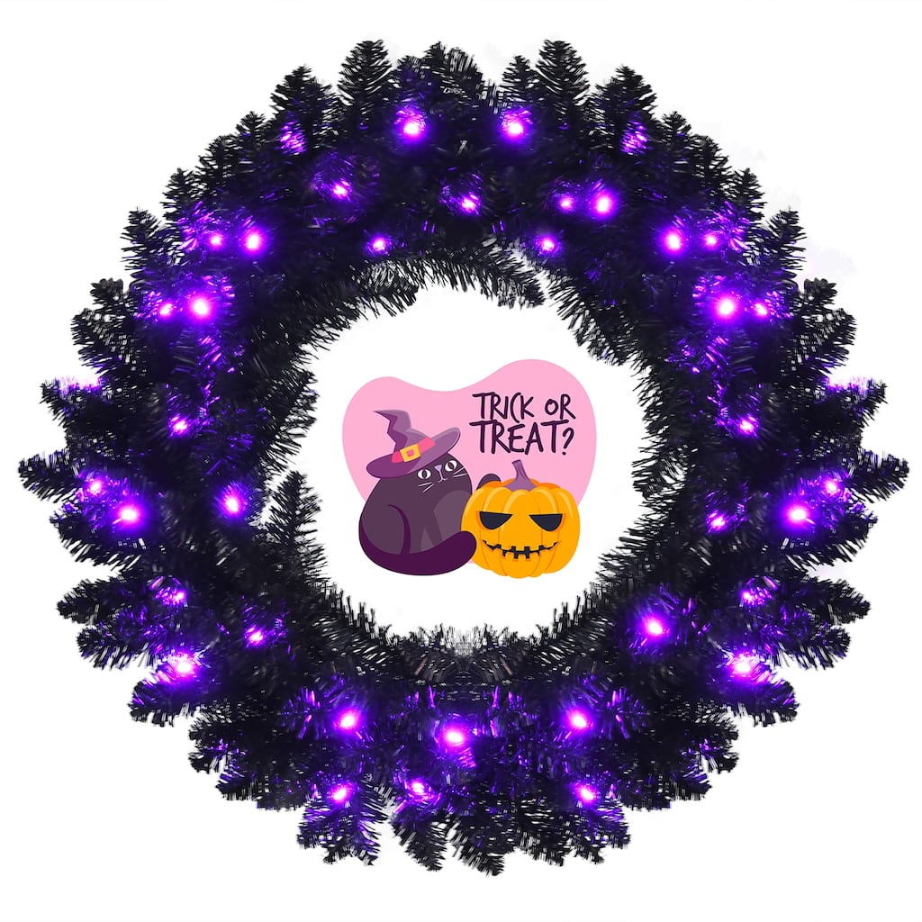 Halloween Wreath Artificial Christmas Wreath with 35 Purple LED Lights