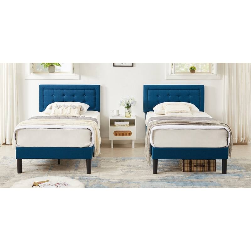 VECELO Tufted Upholstered Kids Bed with Adjustable Headboard,Twin Size Bed Set of 2 - Blue