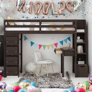 Modern Twin Size Loft Bed With 4 Storage Drawers,Desk,Shelves and Stairs,Solid Construction