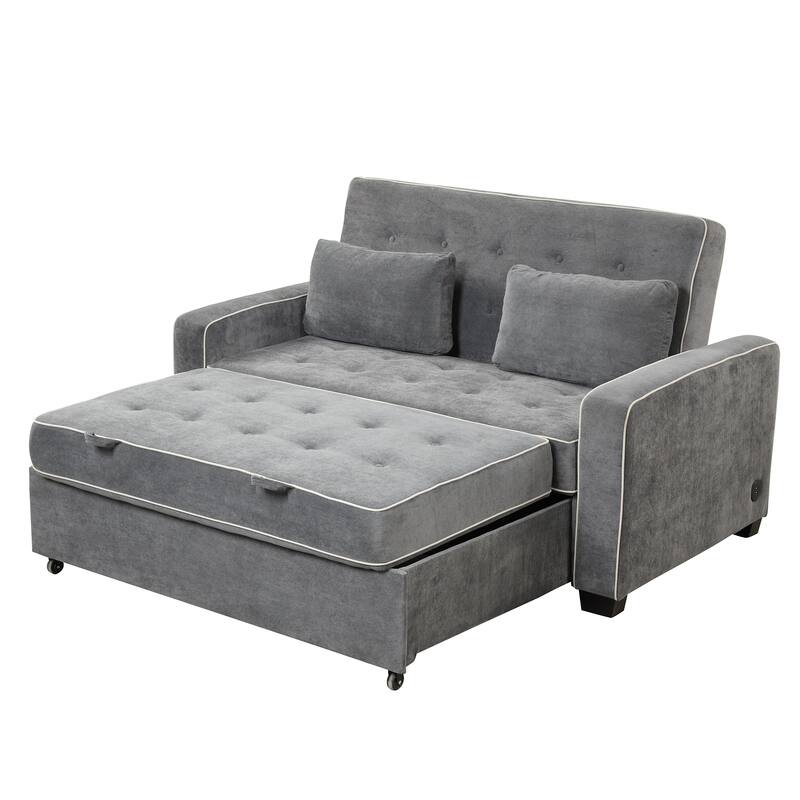 Upholstered Loveseat Pull Out Sofa Bed, Lounge Couch w2 Pillows & 2 USB Port, Adjustable Backrest Futon Sofa Tufted Couch
