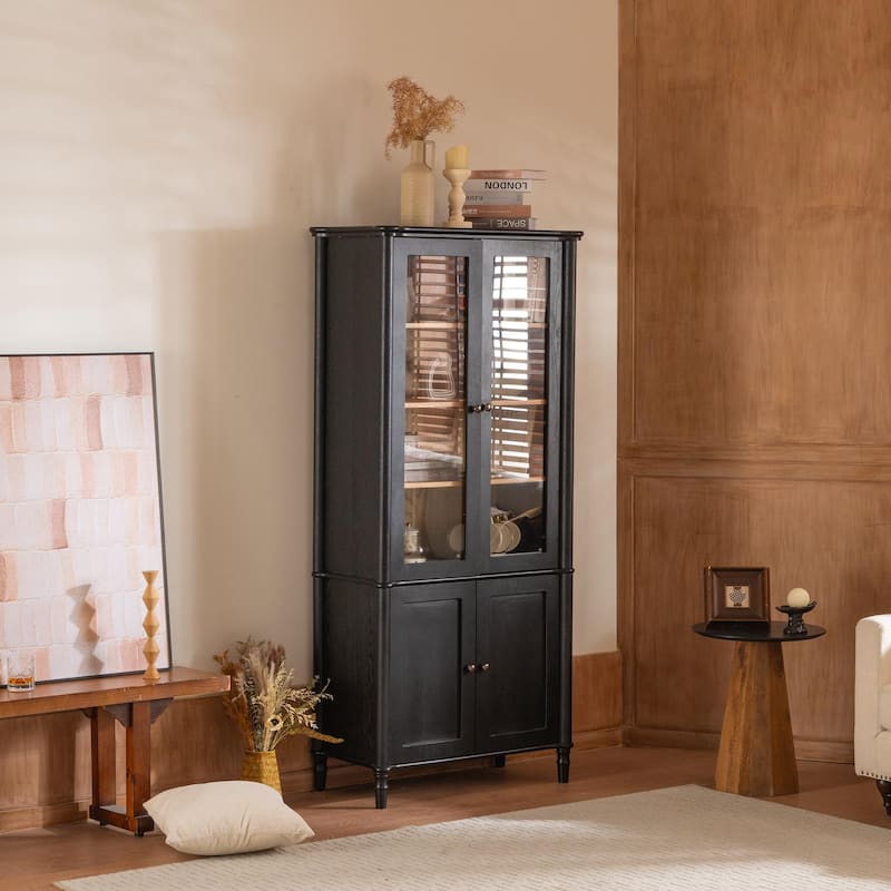 Roomfitters 73.25'' Vintage Display Cabinet with Glass Doors, Mid-Century Pantry Cabinet with Storage, Black & Natural