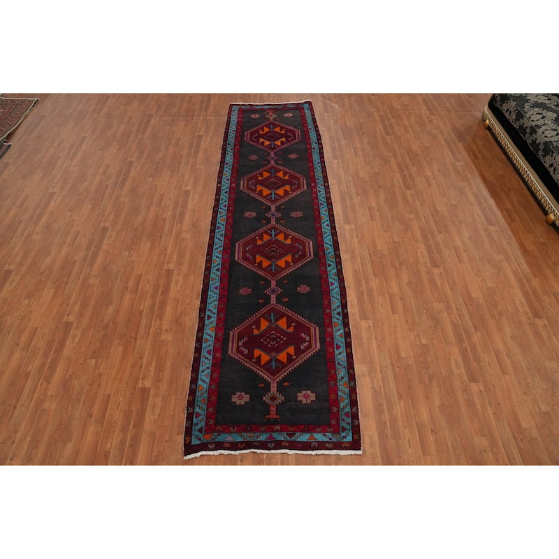 Hand Knotted Oriental 100% Wool Carpet Traditional Geometric Greys & Charcoal Ardebil Runner Rug - 13' 5'' X 3' 8''