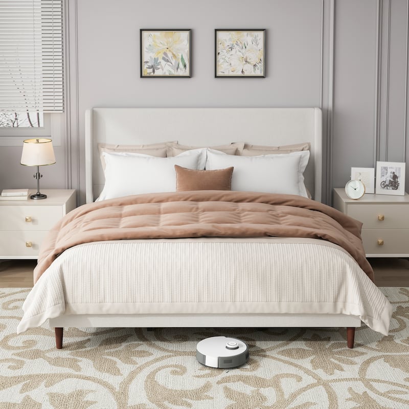 GDFStudio - Oliver High Back Soft Bed with 12-Slat Support and Plush Upholstery - Ivory White - King